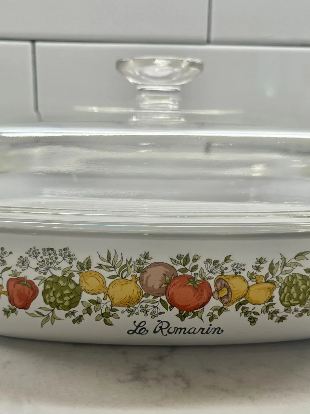 Vtg Corning Ware Spice of Life “Le Romarin’ Casserole Dish with Clear Glass  Lid
